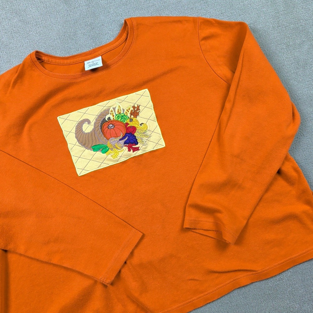 Westbound II Womens 1X Orange Thanksgiving Cornucopia Patch Long Sleeve T-Shirt
